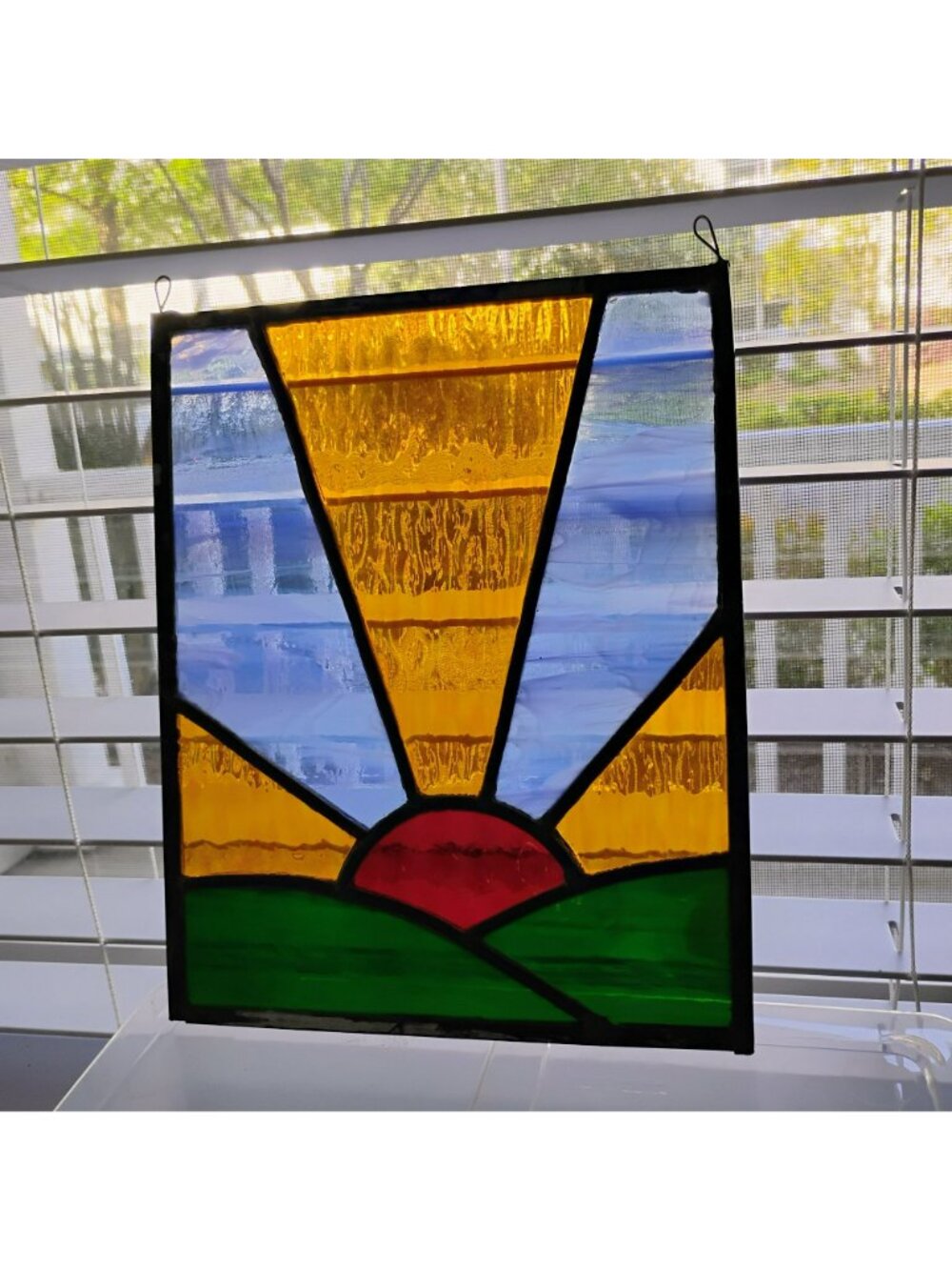 Stained Glass Sunburst Panel, 8x10 Hanging Sunrise Sun Catcher Window Art - Picture 2 of 5